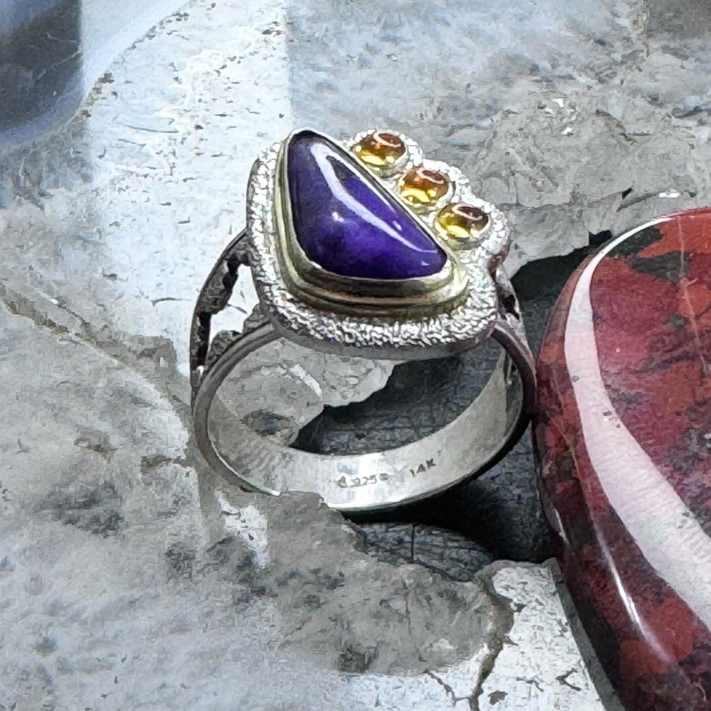 Carolyn Pollack Sterling Silver & 14K Gold Triangle Sugilite & 3 Citrine Ring For Women