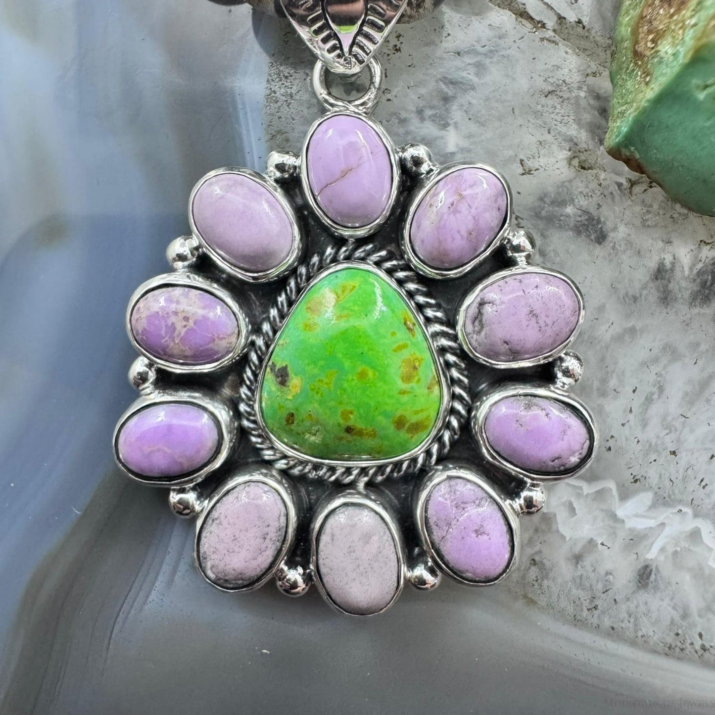 Native American Sterling Silver Green Turquoise w/Phosphosiderite Cluster Pendant For Women