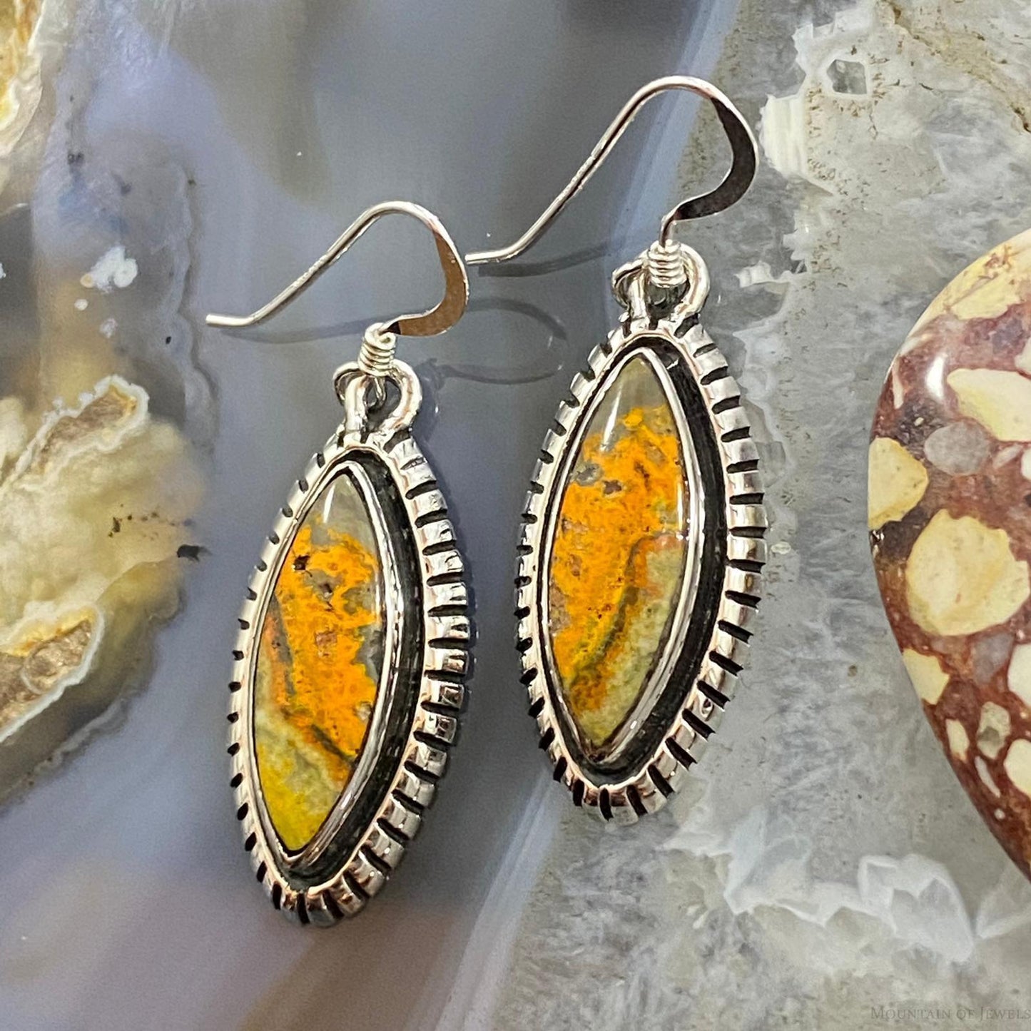 Native American Sterling Marquise Bumblebee Jasper Dangle Earrings For Women #1