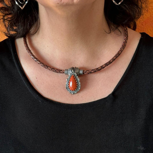 Carolyn Pollack Brown Braided Leather Necklace with Teardrop Red Jasper Pendant