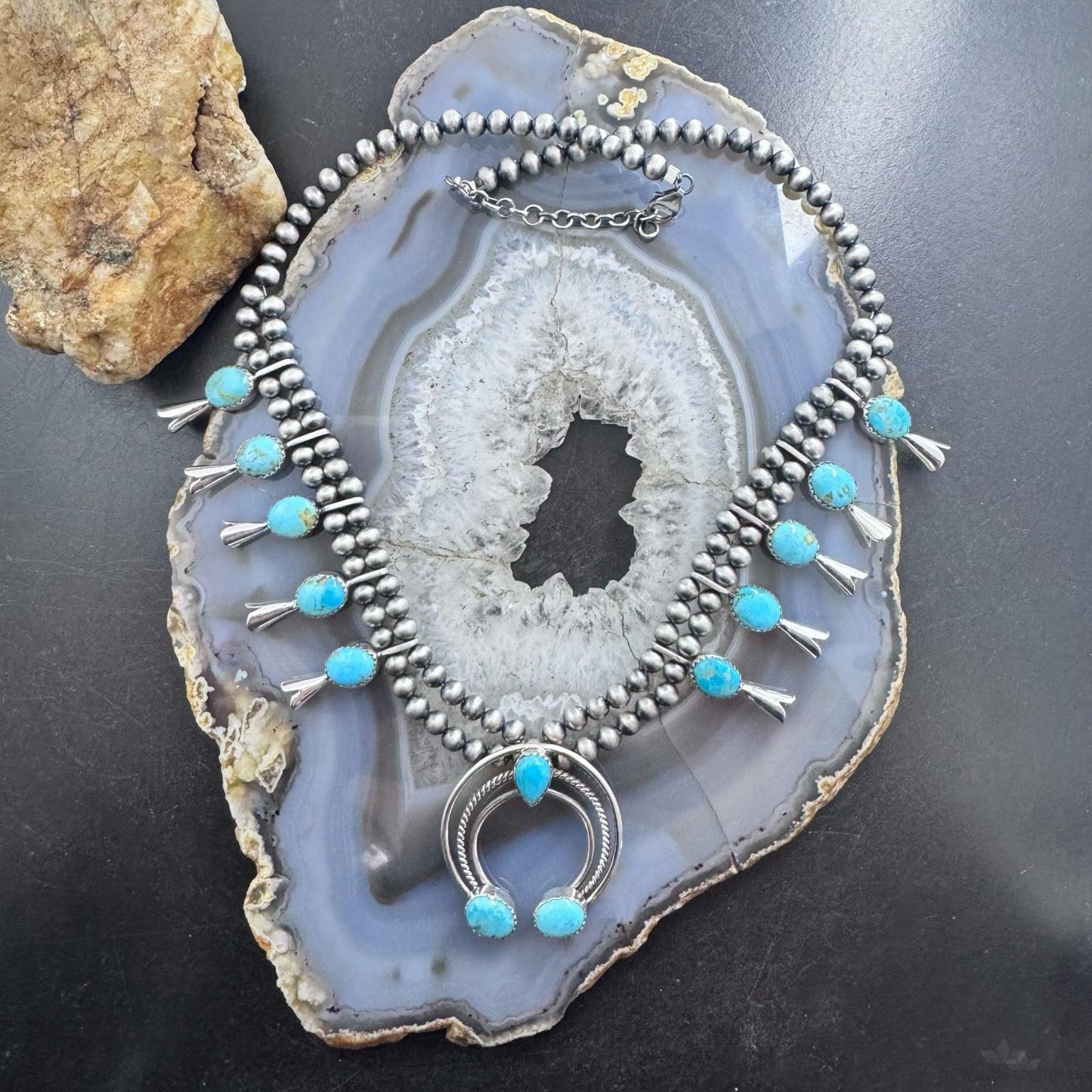 Sterling Silver Southwestern Style Turquoise Squash Blossom 18"-20" Necklace For Women