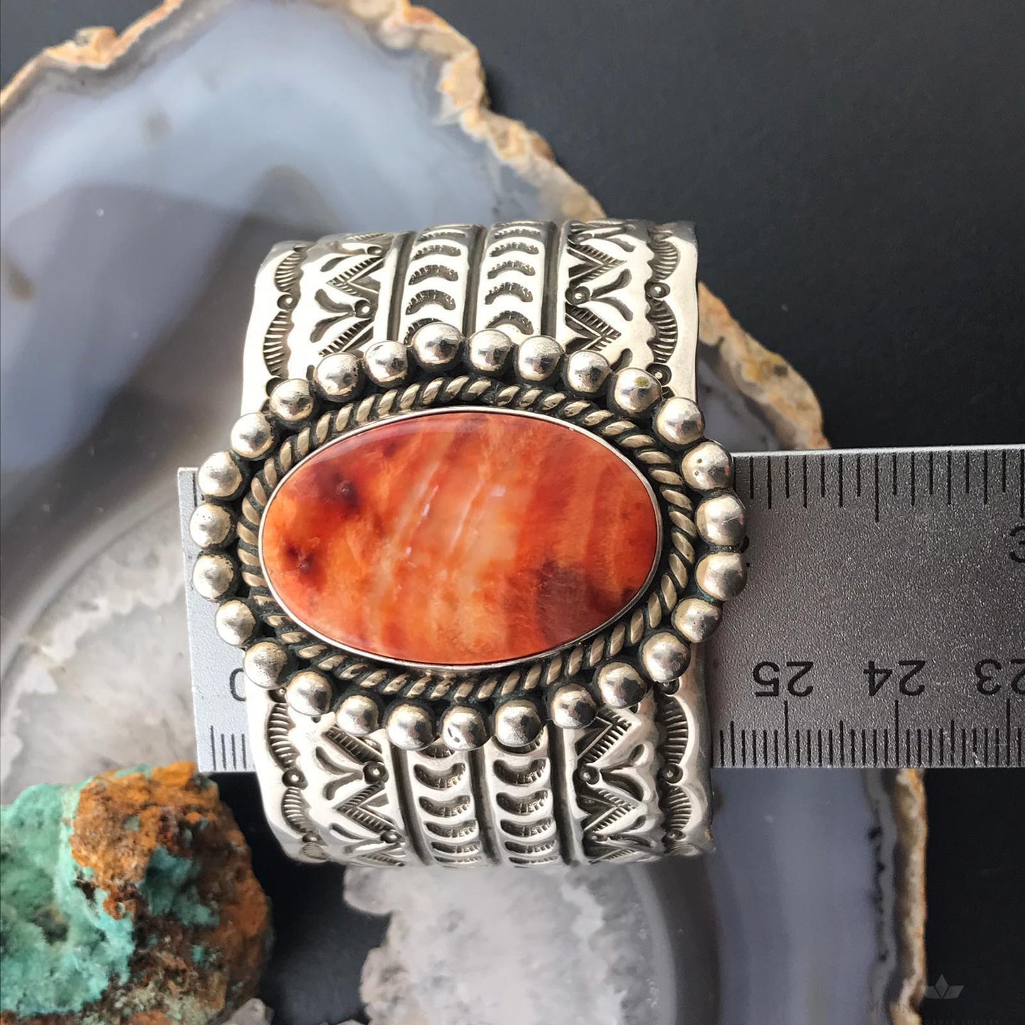 Elroy Chavez Native American Sterling Oval Spiny Oyster Stamped Heavy Bracelet