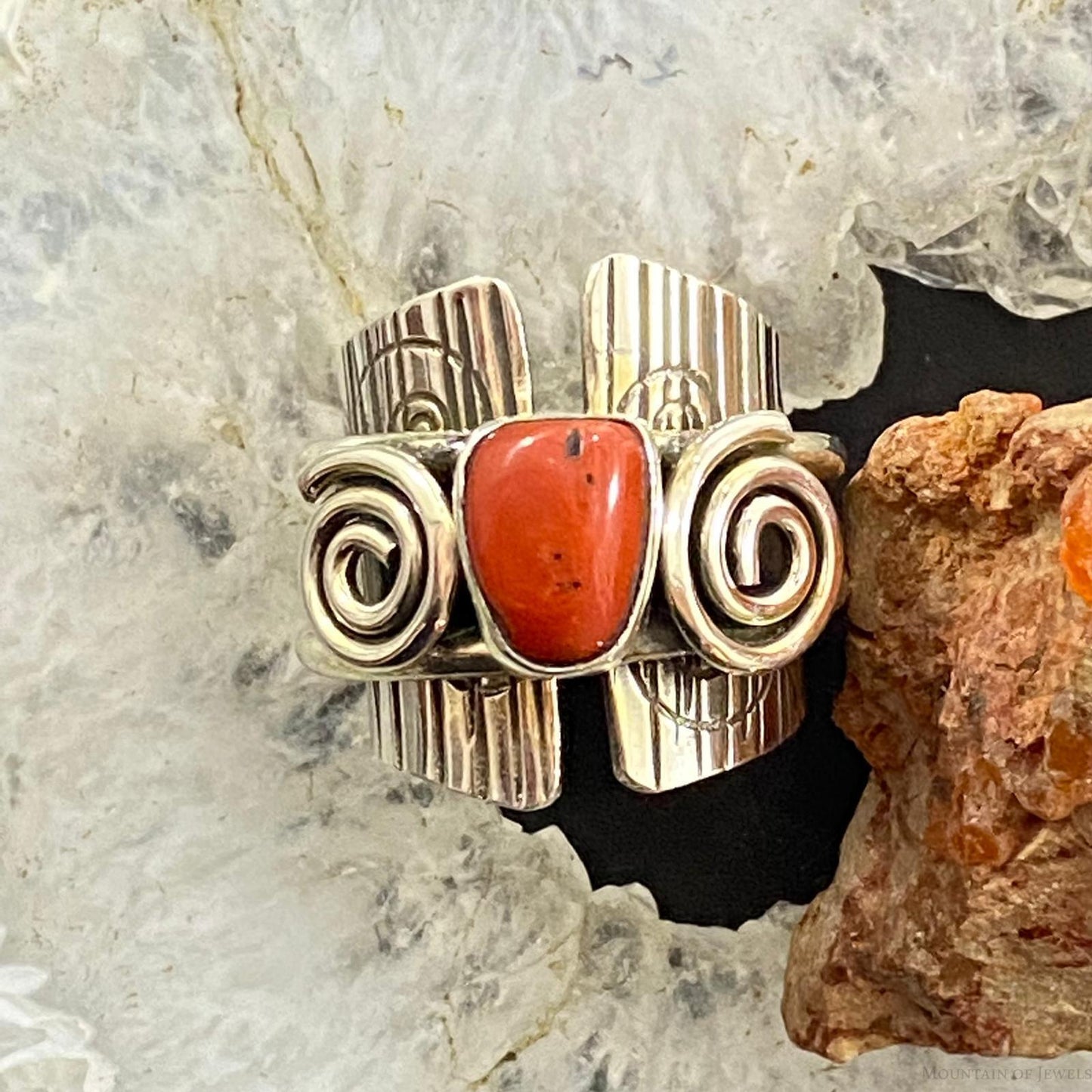 Alex Sanchez Sterling Silver Coral Unique Petroglyph Band Ring Sz 5.5 For Women