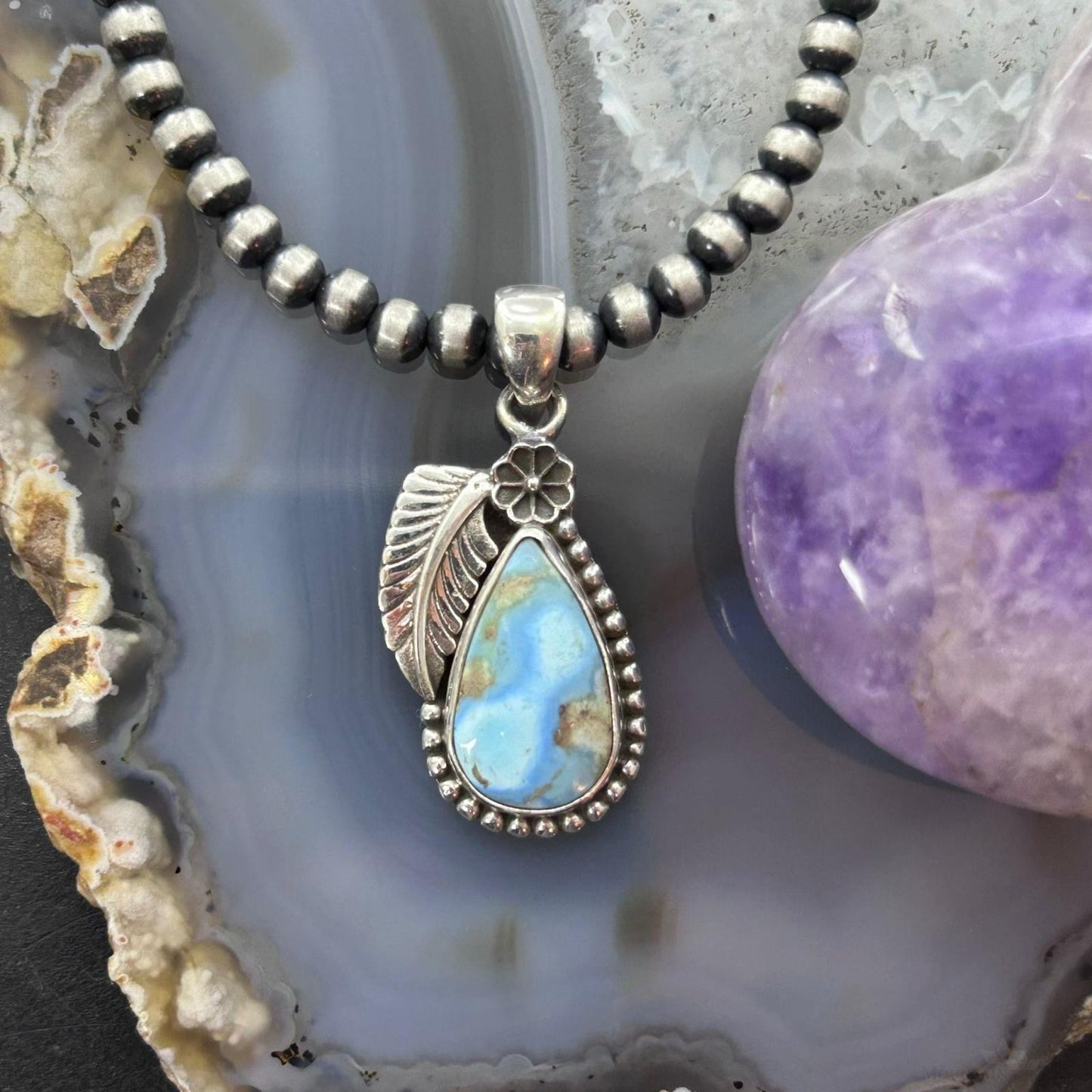 Sterling Silver Southwestern Style Teardrop Golden Hill Turquoise Leaves Pendant For Women #3
