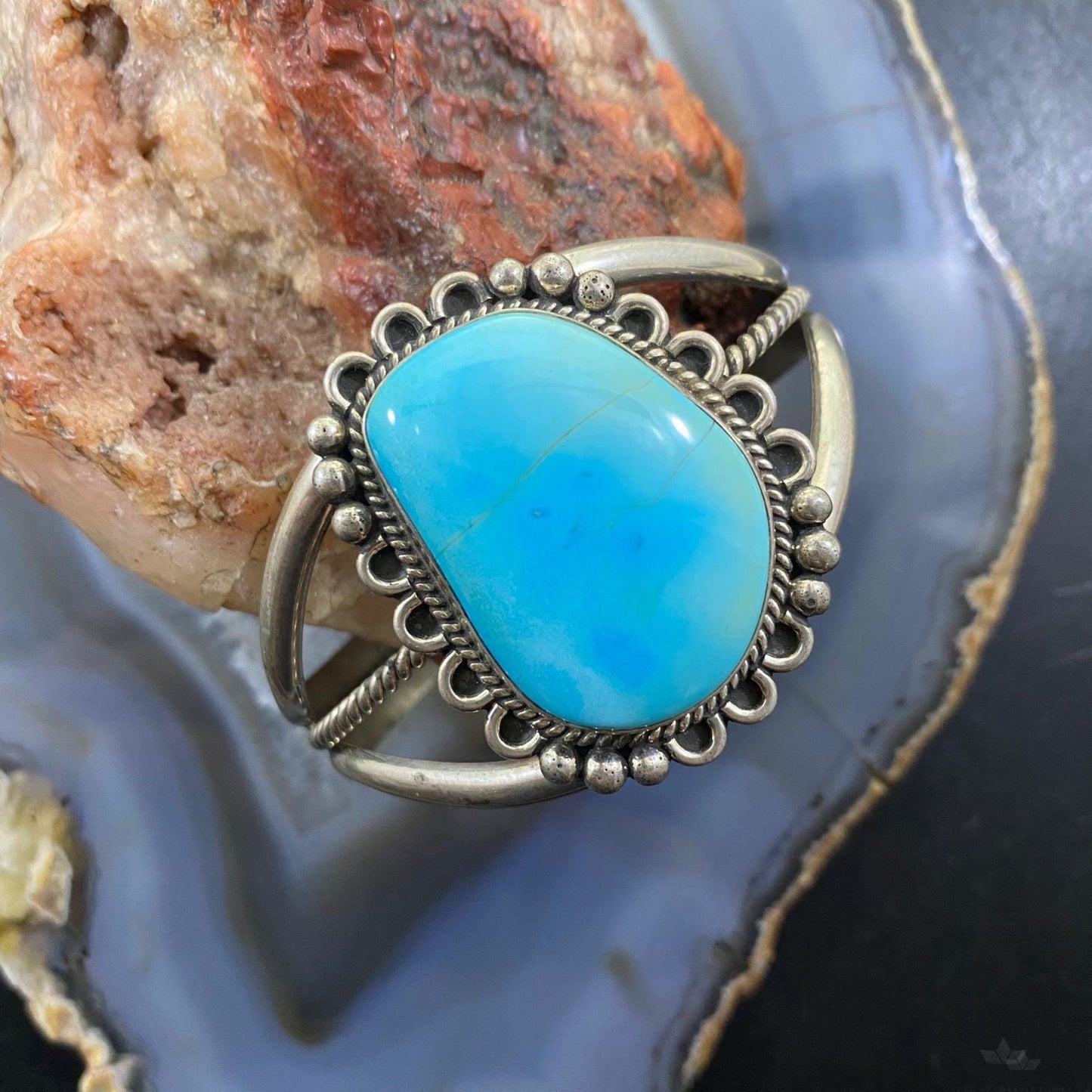 Vintage Native American Sterling Silver Turquoise Decorated Split Shank Bracelet
