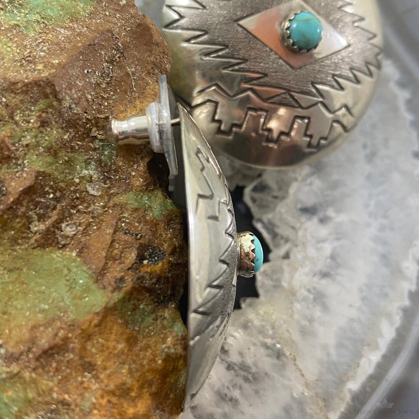 Vintage Native American Sterling Stamped Round Turquoise Stud Earrings For Women