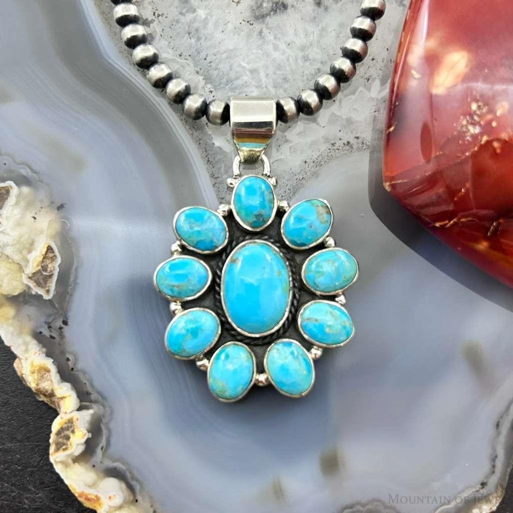 Sterling Silver Southwestern Style Mohave Turquoise Cluster Pendant For Women