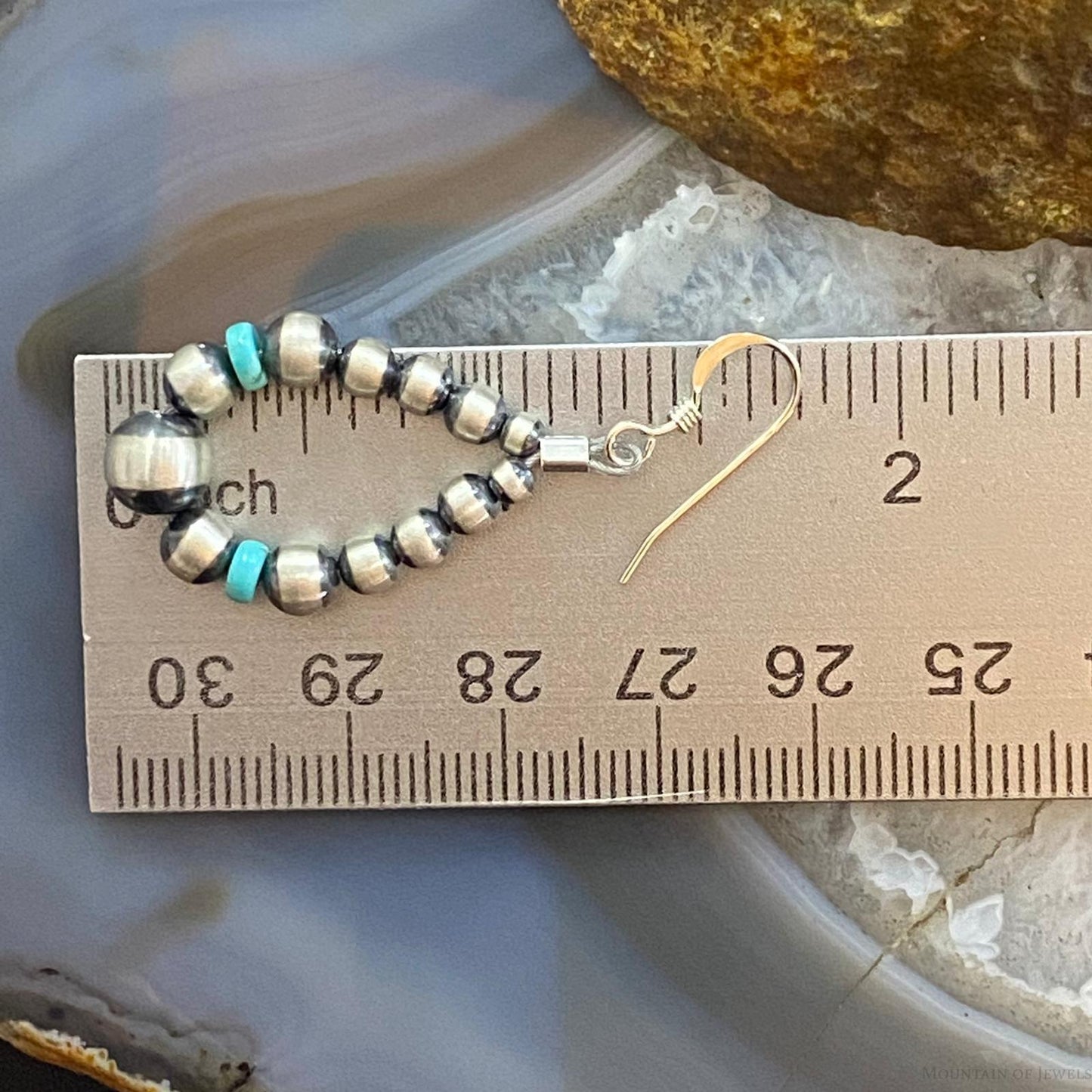 Graduated Navajo Pearl Beads &Turquoise Sterling Hoop Dangle Earrings For Women
