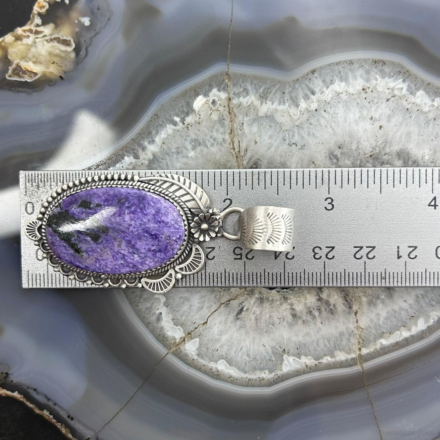 Sterling Silver Southwestern Style Oval Charoite Leaf Decorated Pendant For Women