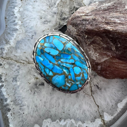 Sterling Silver Southwestern Style Large Oval Blue Copper Turquoise Ring 9.25 For Women
