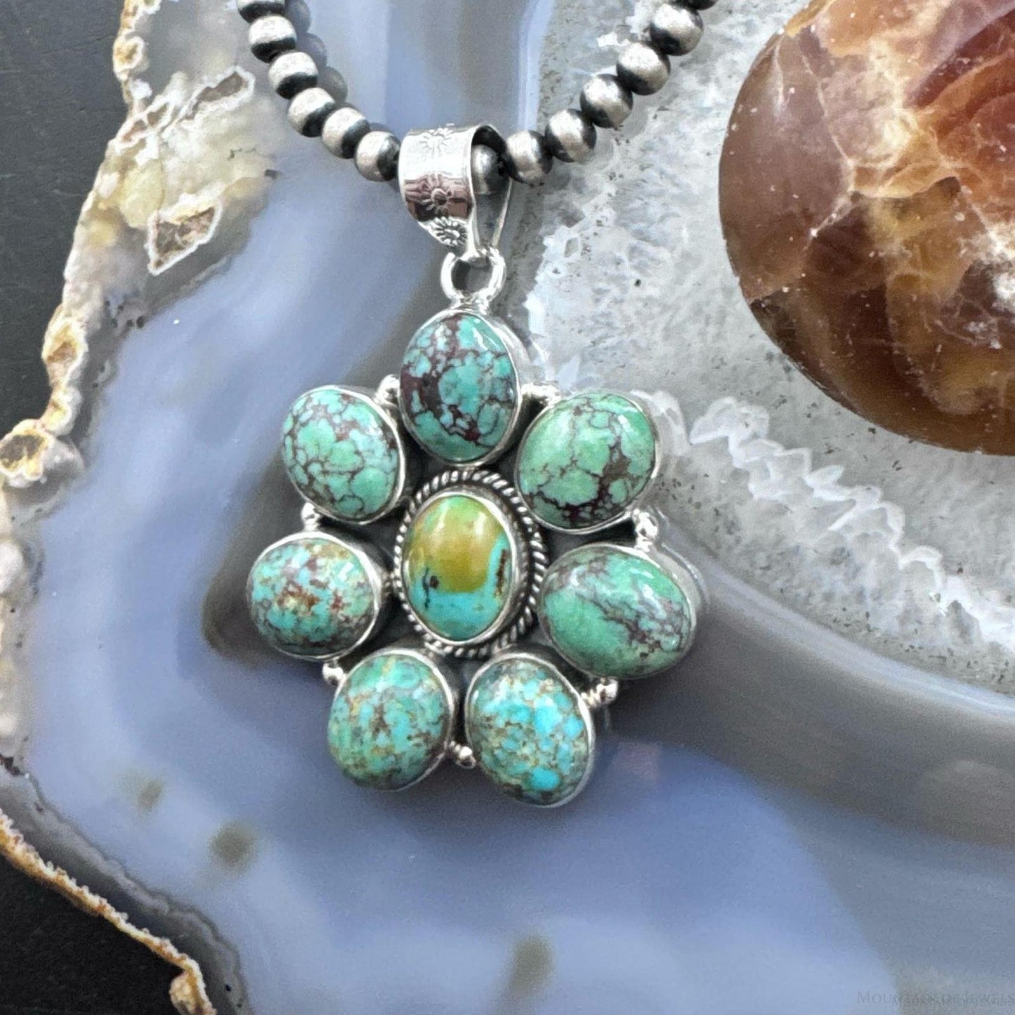 Sterling Silver Southwestern Style Oval Turquoise Cluster Pendant For Women