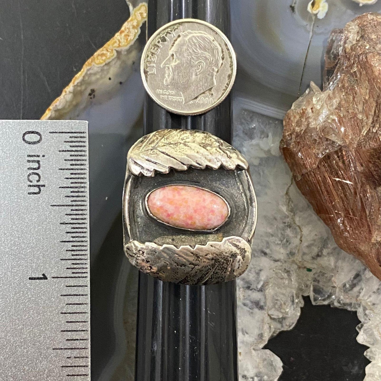 Vintage Sterling Silver Rhodochrosite with Leaves Ring Size 8.25 For Women