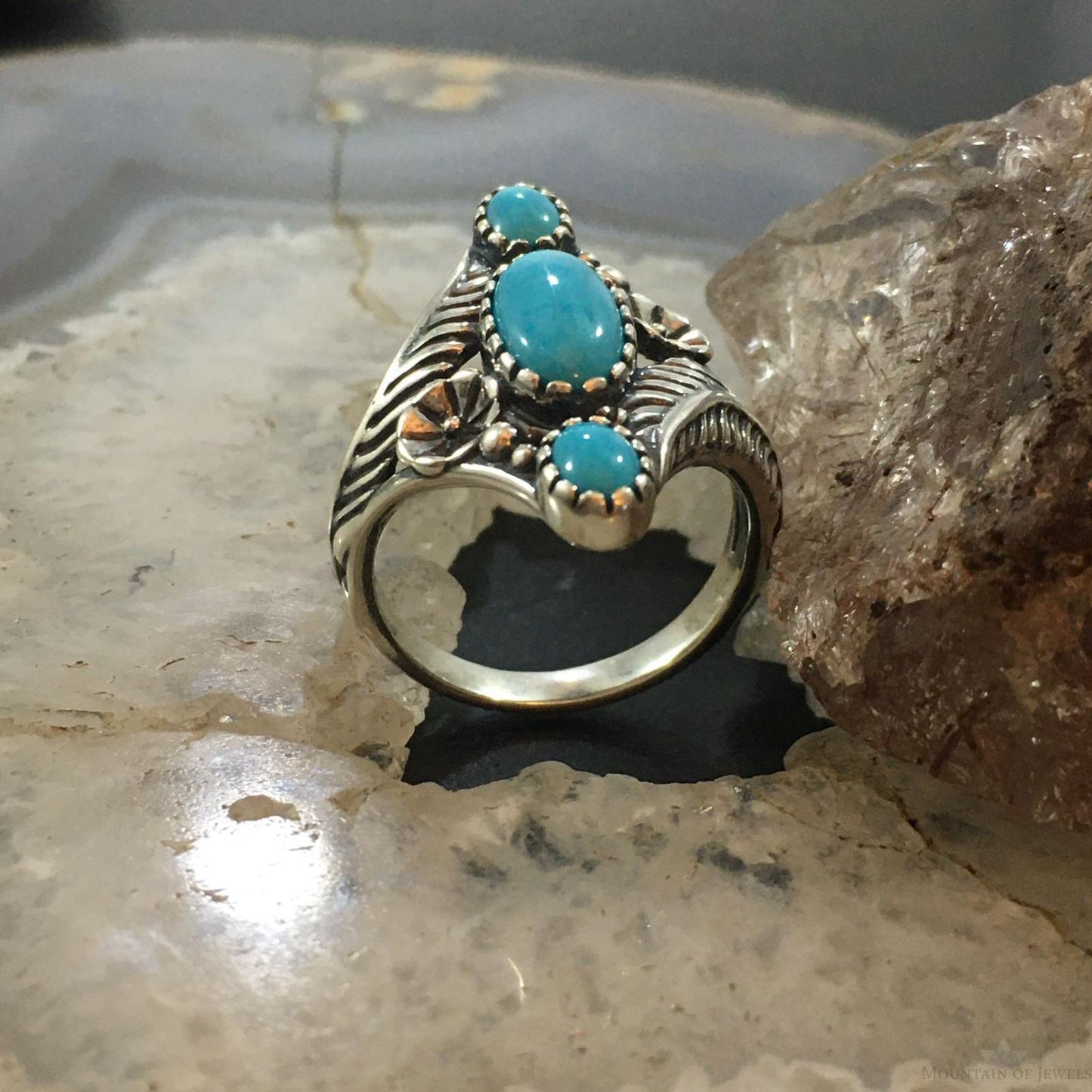 Carolyn Pollack Sterling Silver 3 Sleeping Beauty Turquoise Decorated Ring For Women