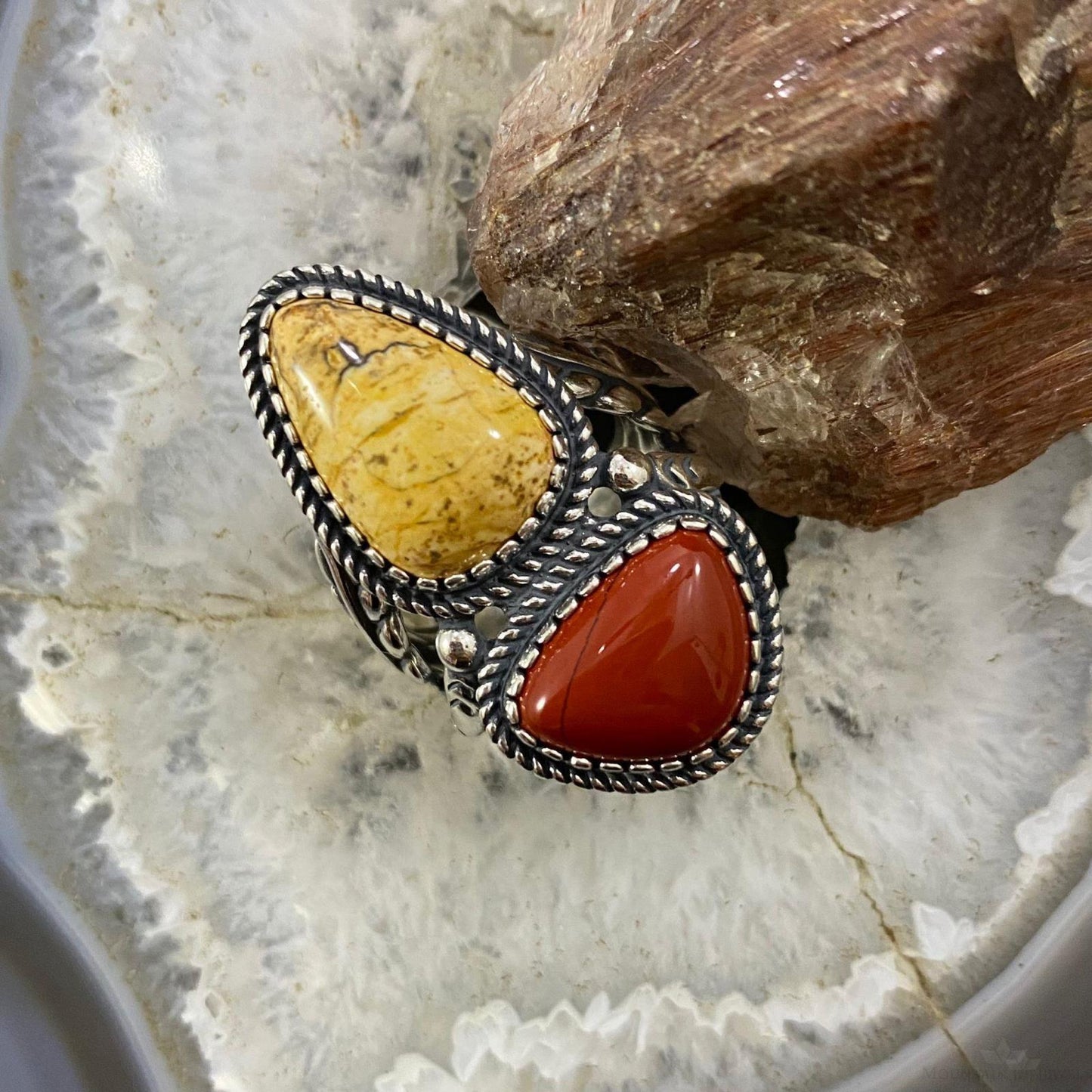 Carolyn Pollack Southwestern Style Sterling Silver Picture Jasper & Red Jasper Decorated Ring For Women