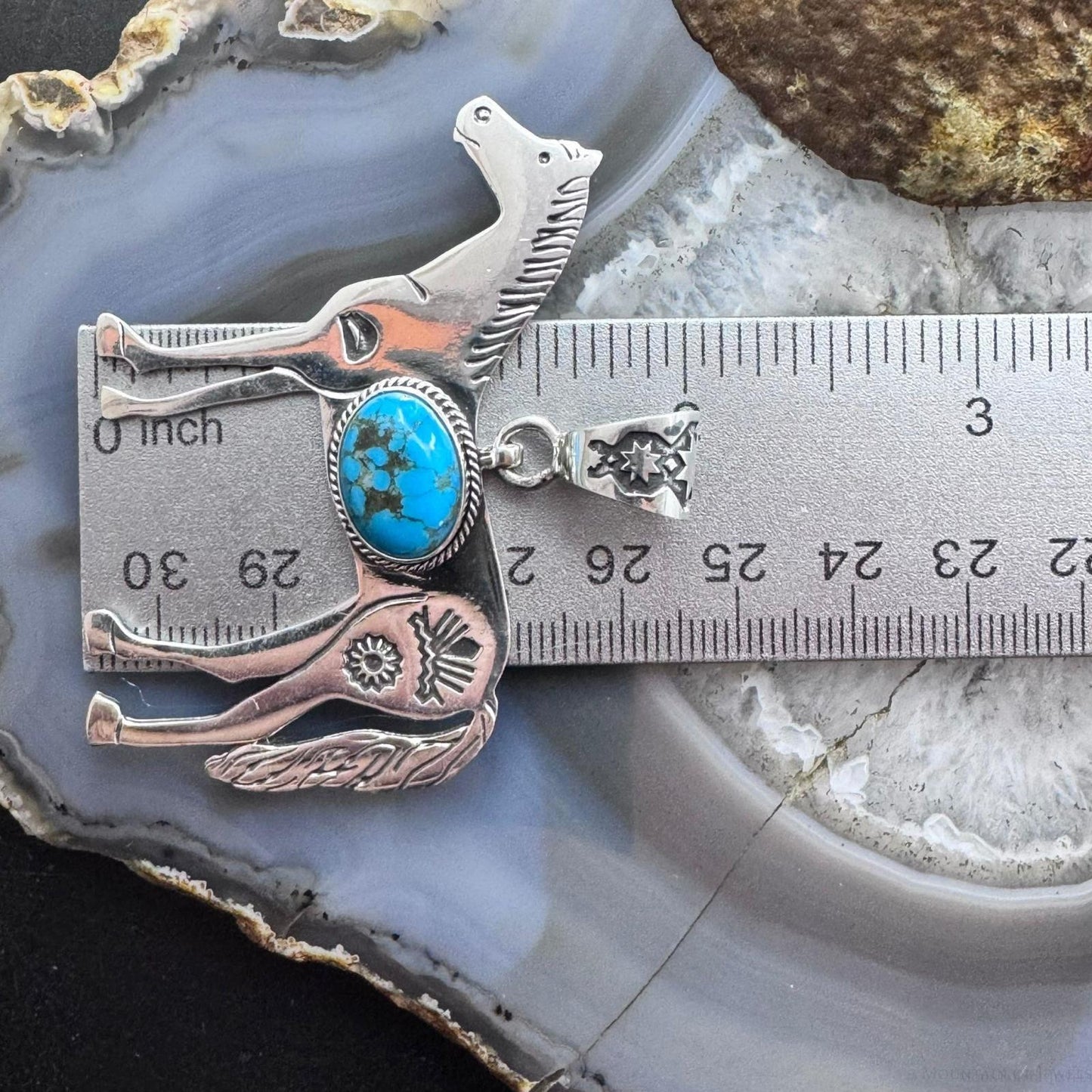 Sterling Silver Turquoise Stamped Indigenous Symbols Horse Unisex Pendant