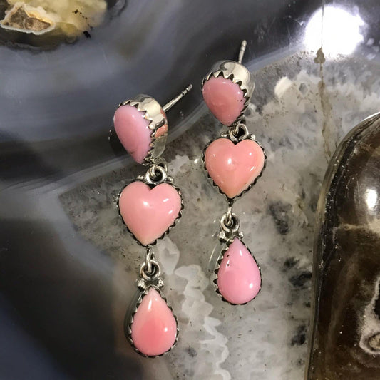 Native American Sterling Silver Pink Conch Shell Teardrop & Heart Dangle Post Earrings For Women