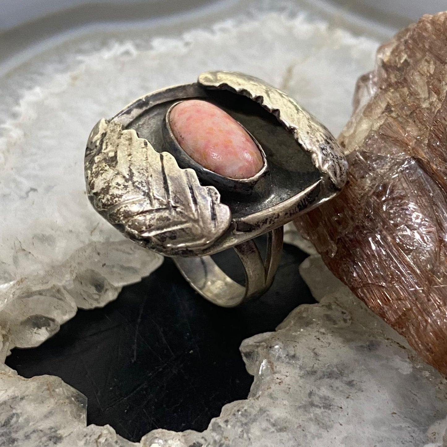 Vintage Sterling Silver Rhodochrosite with Leaves Ring Size 8.25 For Women