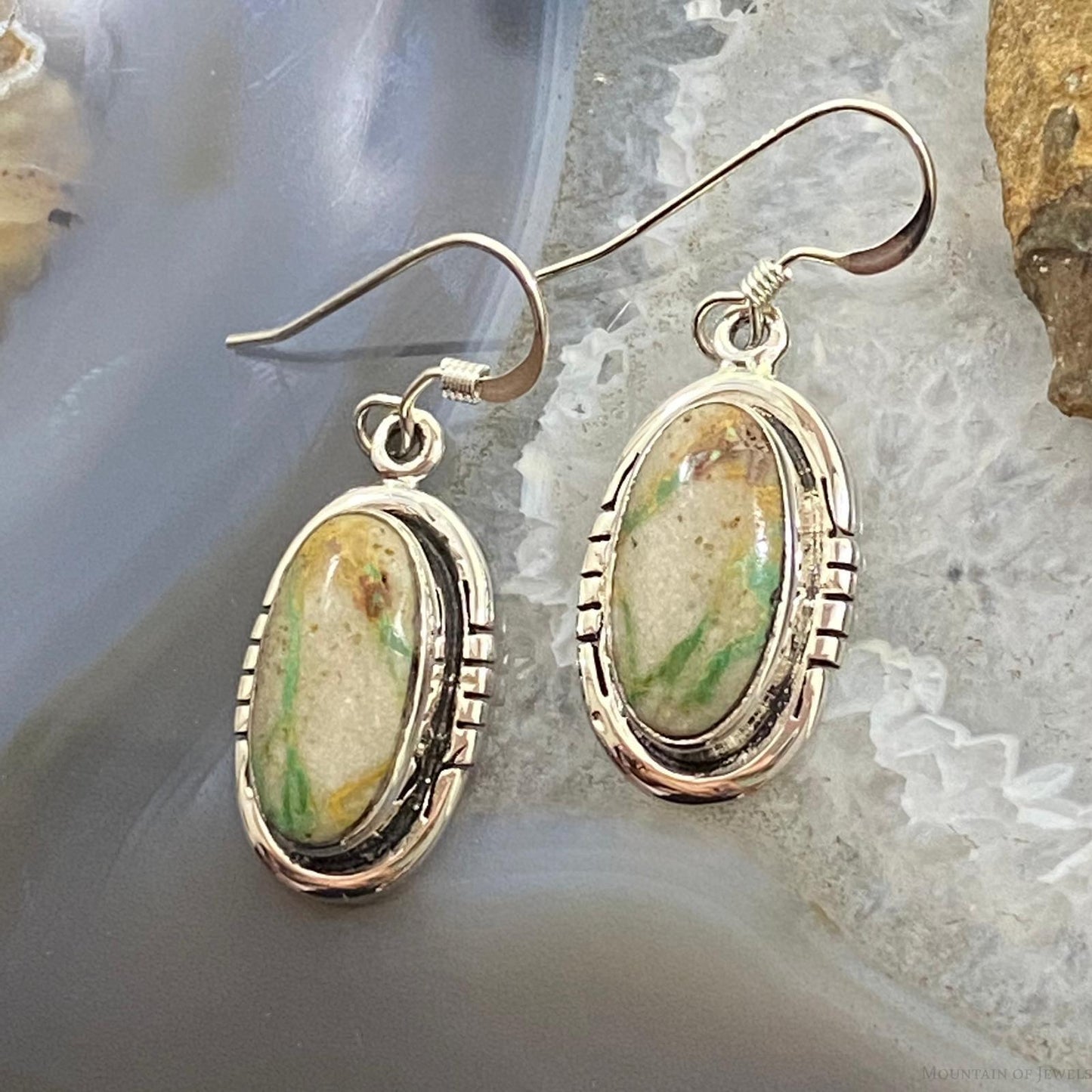 Native American Sterling Silver Oval Ribbon Boulder Turquoise Dangle Earrings