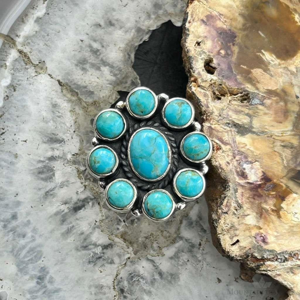 Sterling Silver Southwestern Style Mohave Turquoise Cluster Ring Size 7.5 For Women