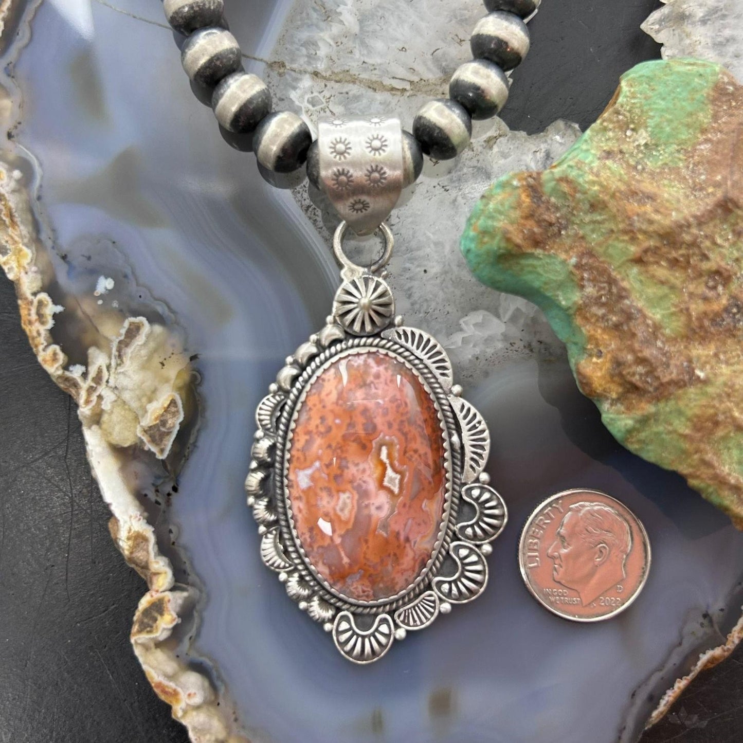 Sterling Silver Southwestern Style Oval Red Plum Jasper Decorated Pendant For Women
