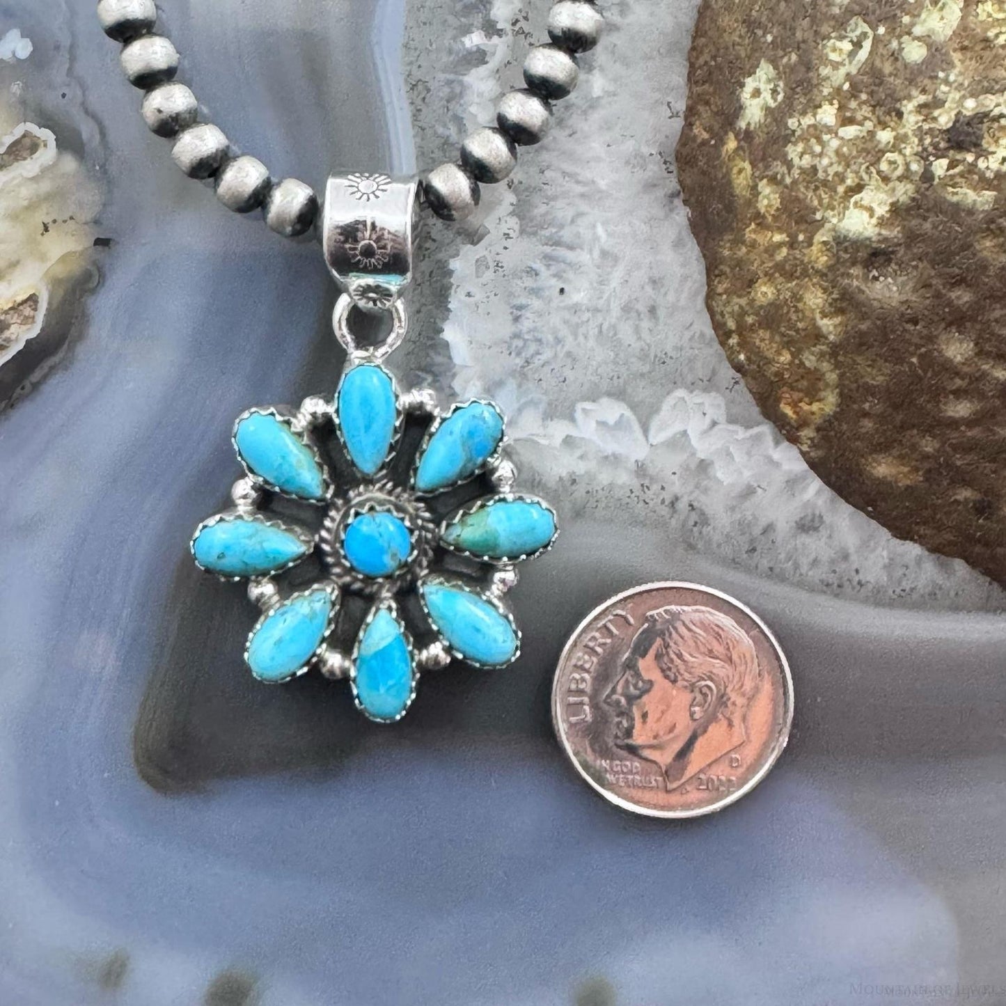 Sterling Silver Southwestern Style Turquoise Decorated Cluster Pendant For Women