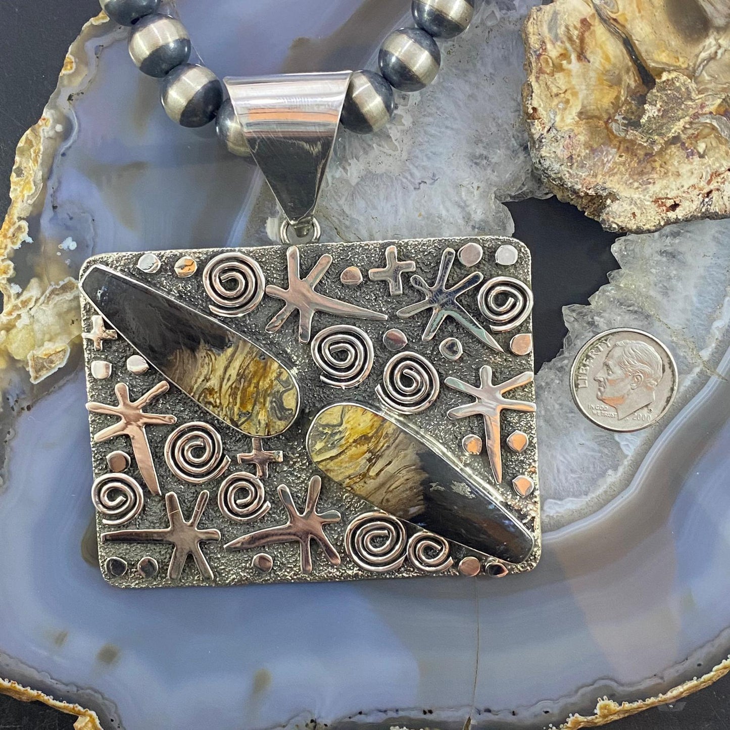 Alex Sanchez Native American Sterling Silver Teardrop Plum Root Jasper Rectangle Petroglyph Pendant