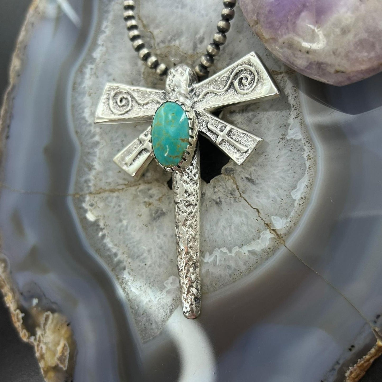 Gary Custer Navajo Sterling Silver Tufa Cast Turquoise Dragonfly Unisex Pendant