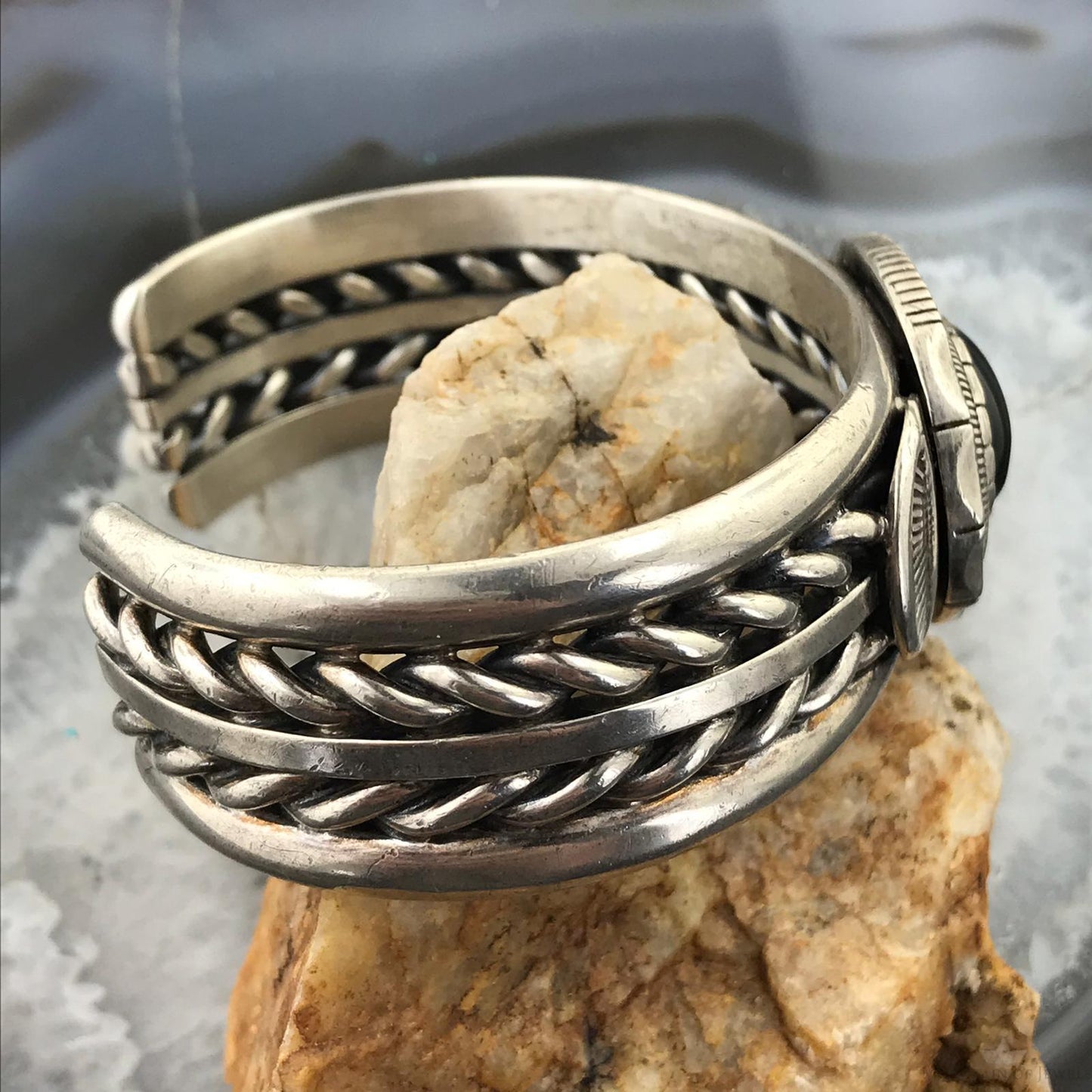 Wilbert Vandever Native American Sterling Silver Engraved Oval Onyx Bracelet