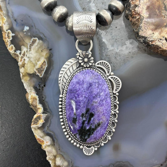 Sterling Silver Southwestern Style Oval Charoite Leaf Decorated Pendant For Women