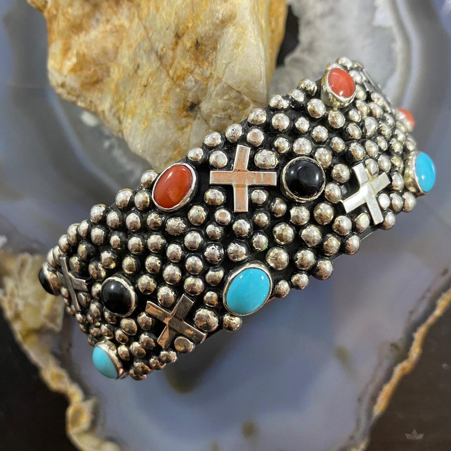 Gabby Jurado Sterling Silver Turquoise, Coral, Onyx Crosses Bracelet For Women