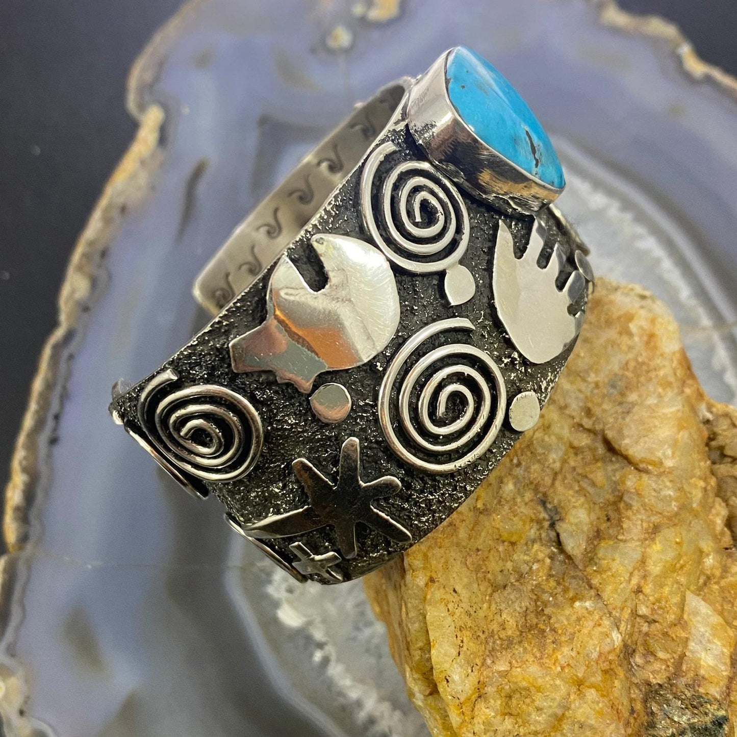 Alex Sanchez Native American Sterling Silver Petroglyph Turquoise Wide Bracelet