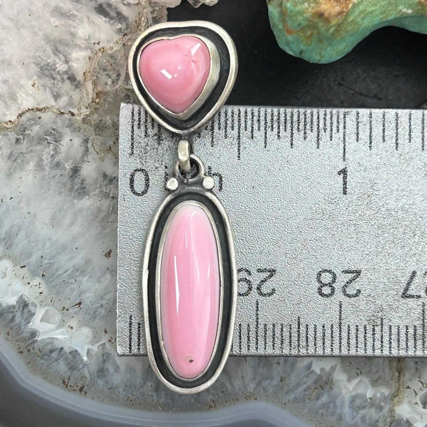 Native American Sterling Silver Pink Conch Heart & Oval Dangle Earrings For Women