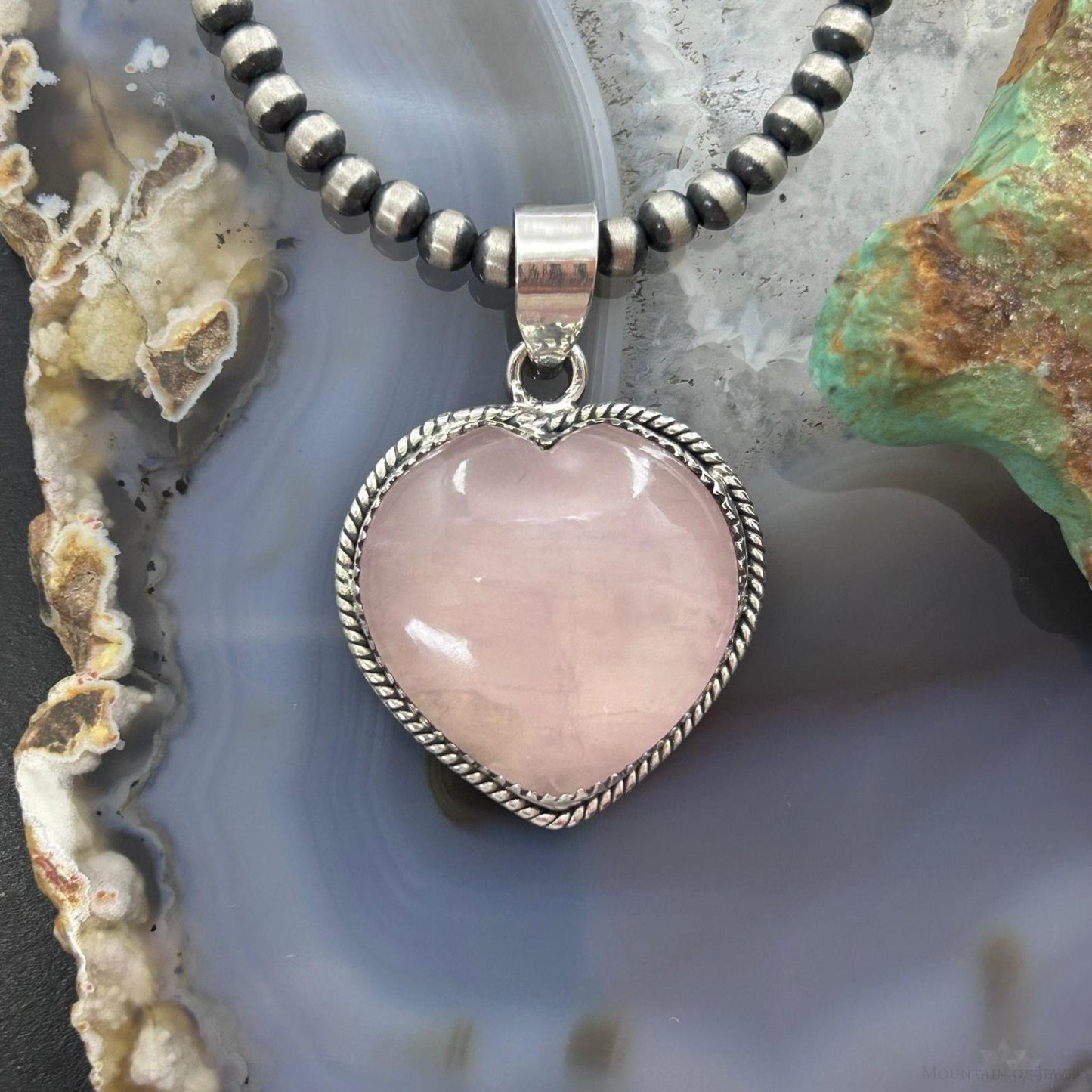 Sterling Silver Southwestern Style Rose Quartz Heart Pendant For Women