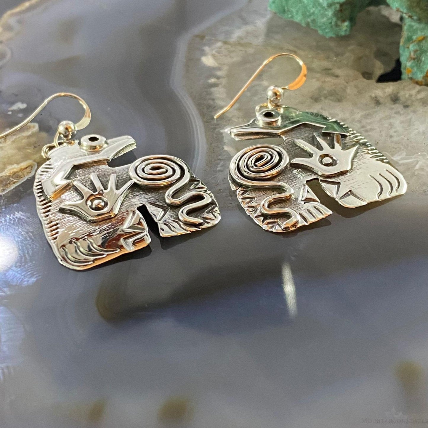 Brad Panteah Sterling Spirit Bear w/Petroglyph Symbols Dangle Earrings For Women
