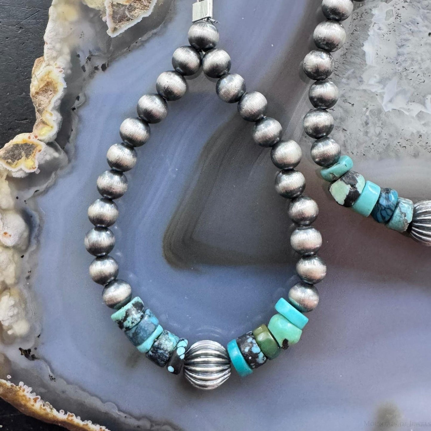 Sterling Silver Southwestern Style Navajo Pearl & Turquoise Bead Hoop Earrings For Women