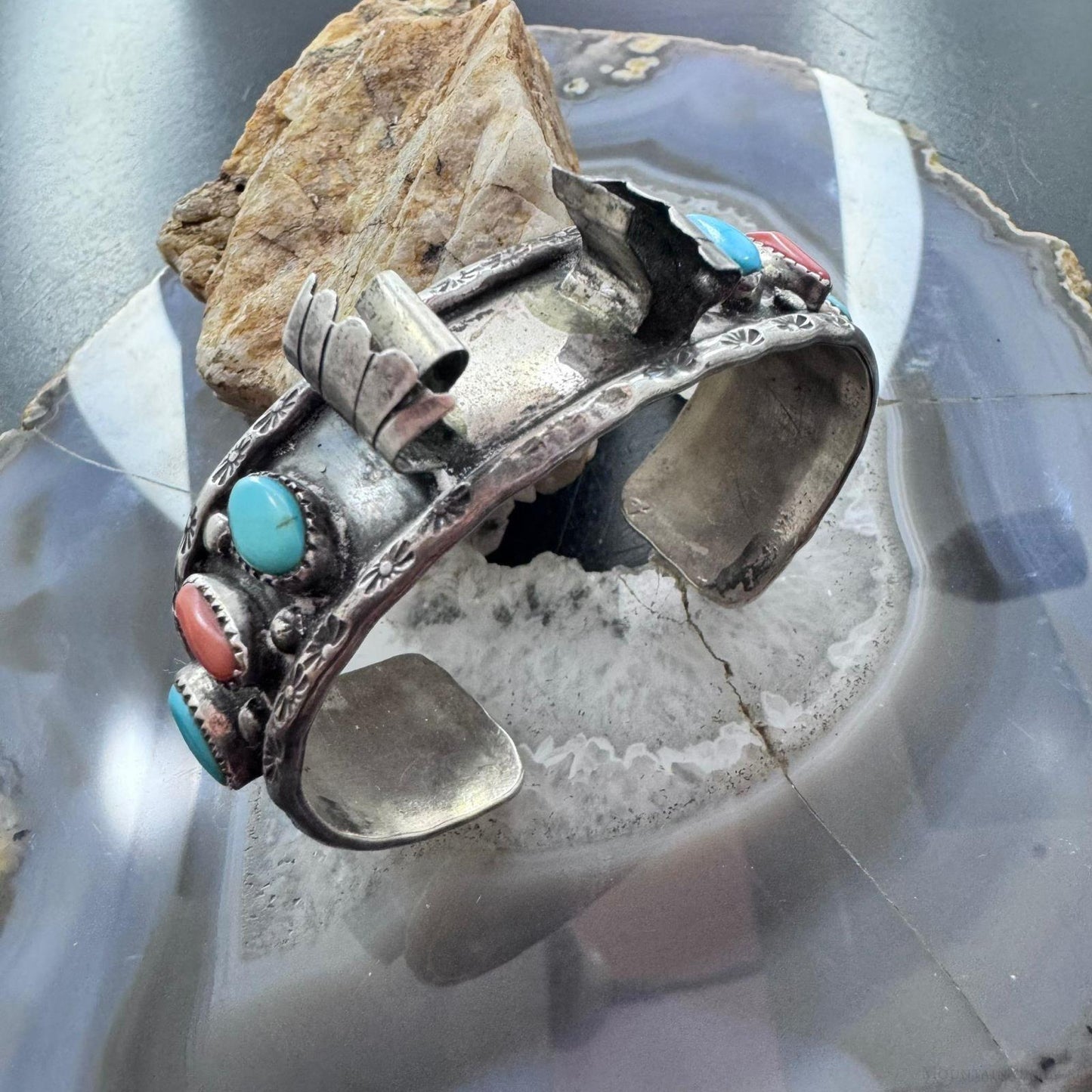 Vintage Signed Sterling Kingman Turquoise & Coral Decorated Watch Cuff For Women