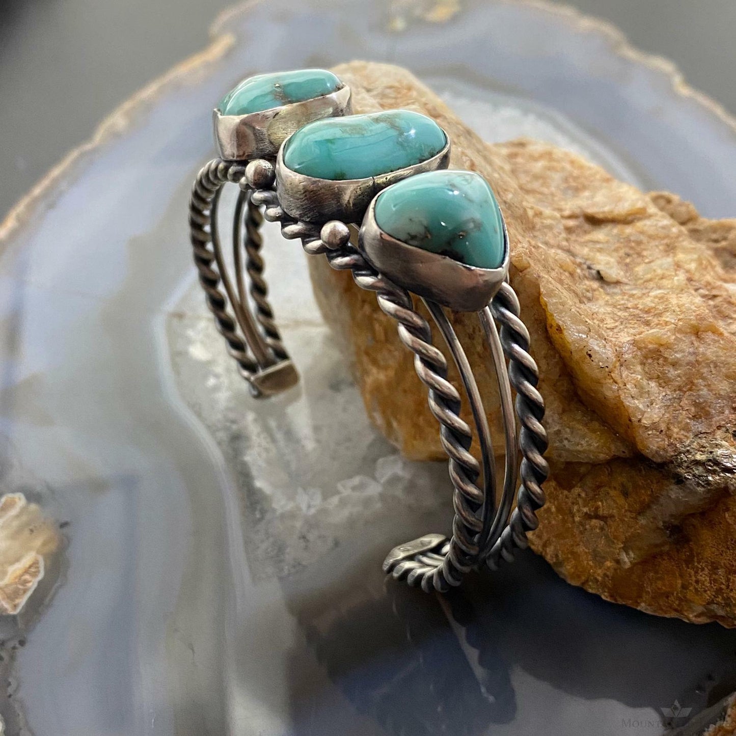 Native American Sterling Silver Chunky Turquoise Split Twisted Shank Bracelet For Women