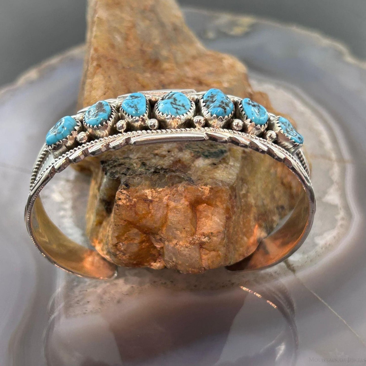 Anita Whitegoat Native American Sterling Silver Turquoise Row Bracelet For Women