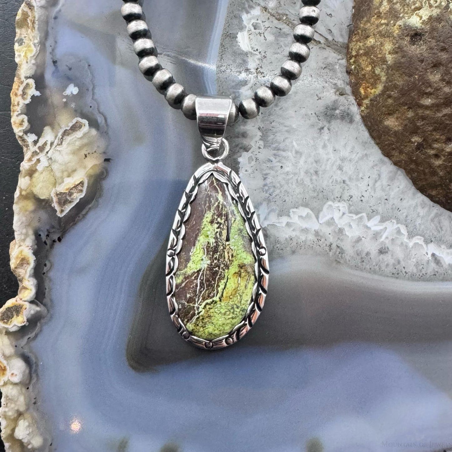Native American Sterling Silver Teardrop Gaspeite Decorated Pendant For Women