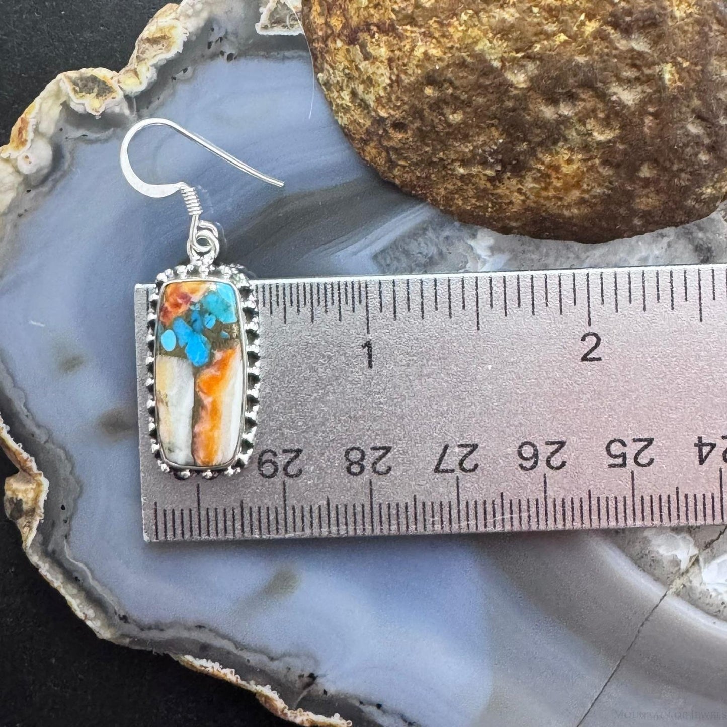 Sterling Silver Southwestern Style Rectangle Spiny & Turquoise Dangle Earrings For Women