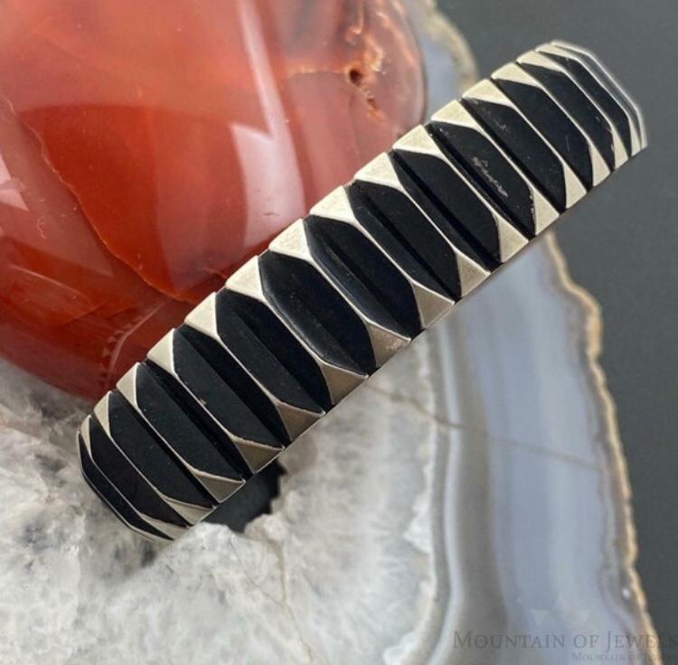 Leander Tahe Native American Sterling Silver Heavy Geometric Bracelet For Men