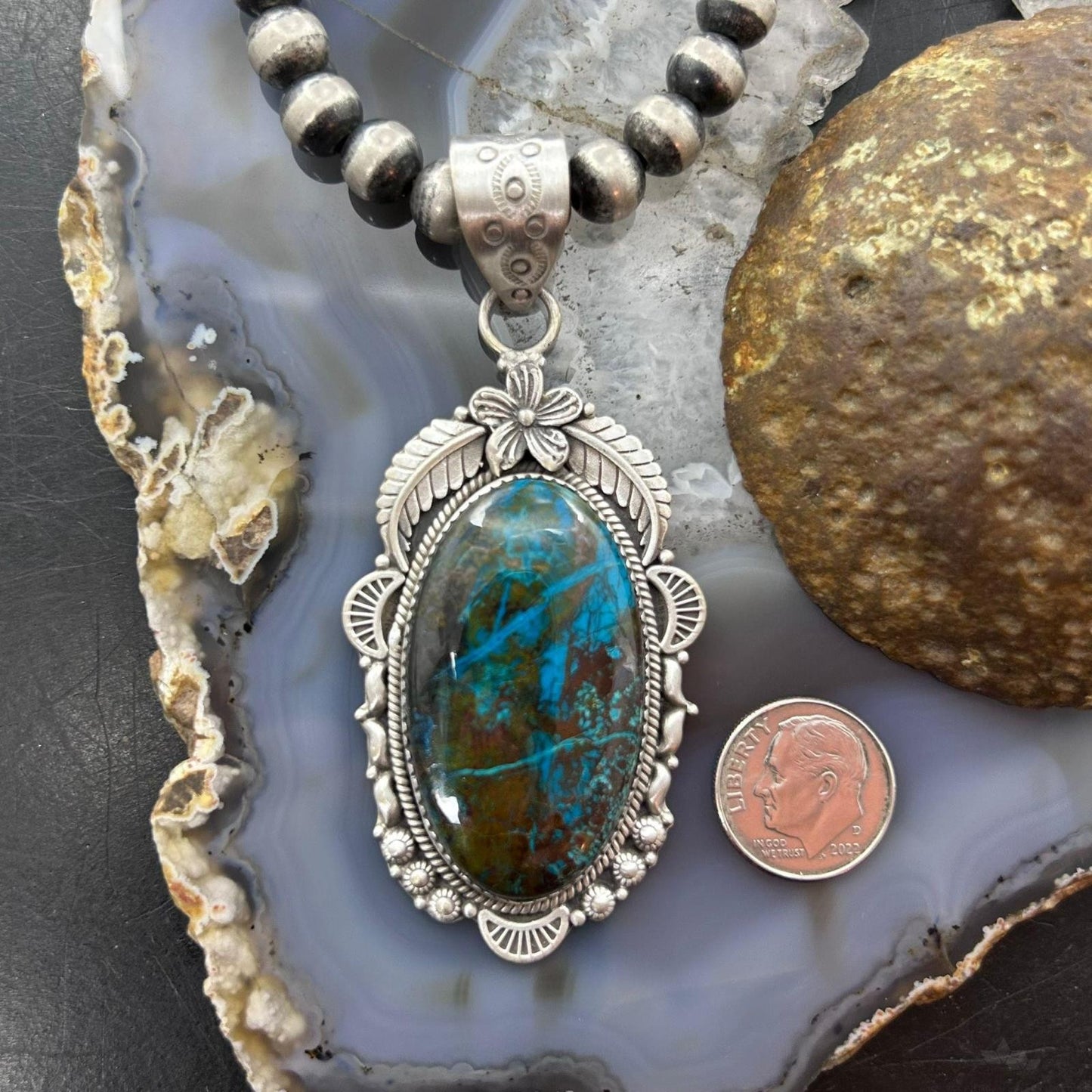 Sterling Silver Southwestern Style Large Oval Shattuckite Pendant For Women