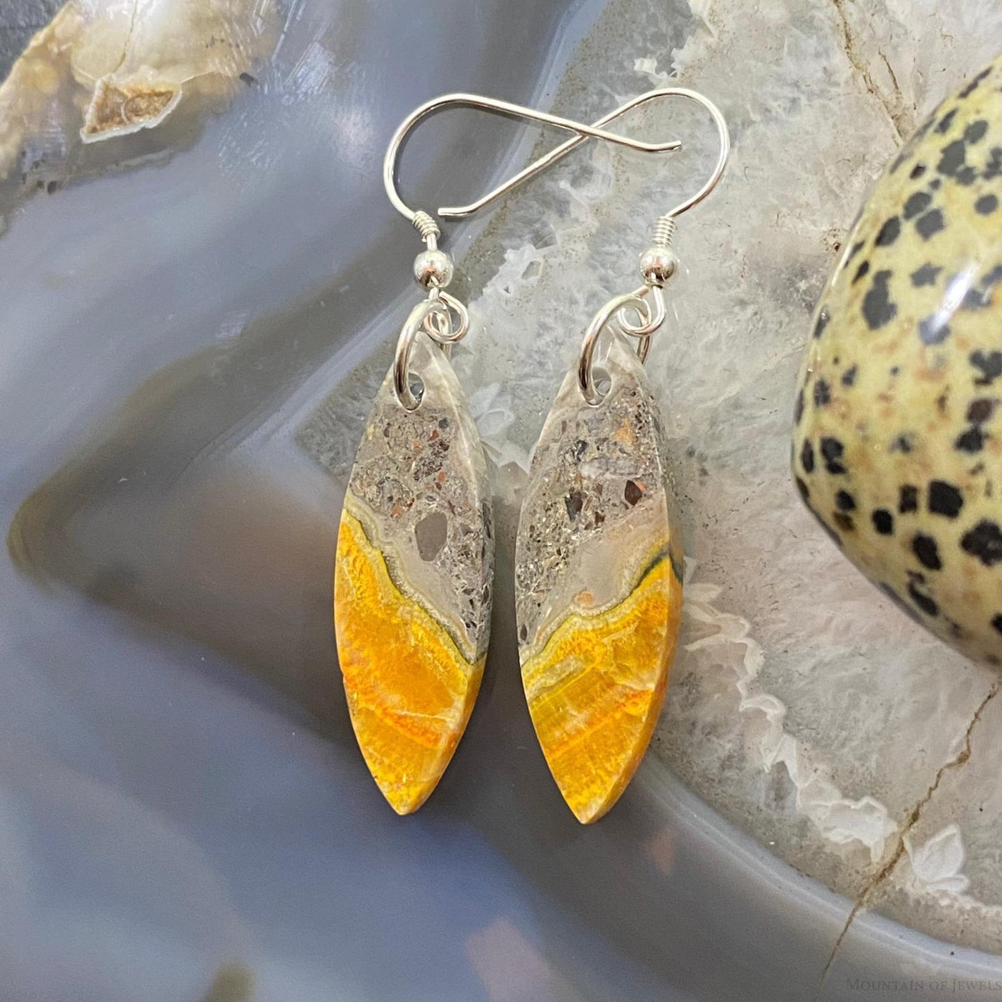 Sterling Silver Marquise Bumblebee Jasper Slab Dangle Earrings For Women #064