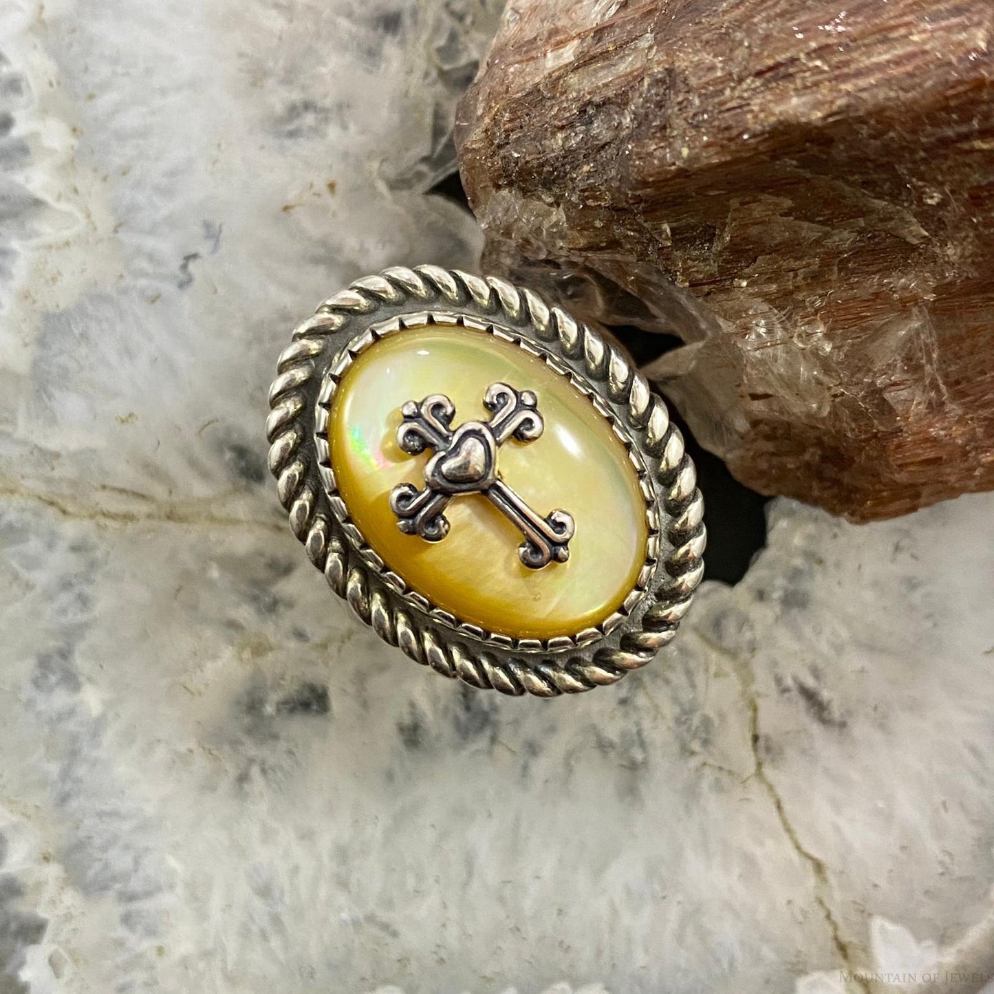 Carolyn Pollack Southwestern Style Sterling Silver Oval Gold Mother of Pearl Cross Ring Size 5 & 7.5 For Women