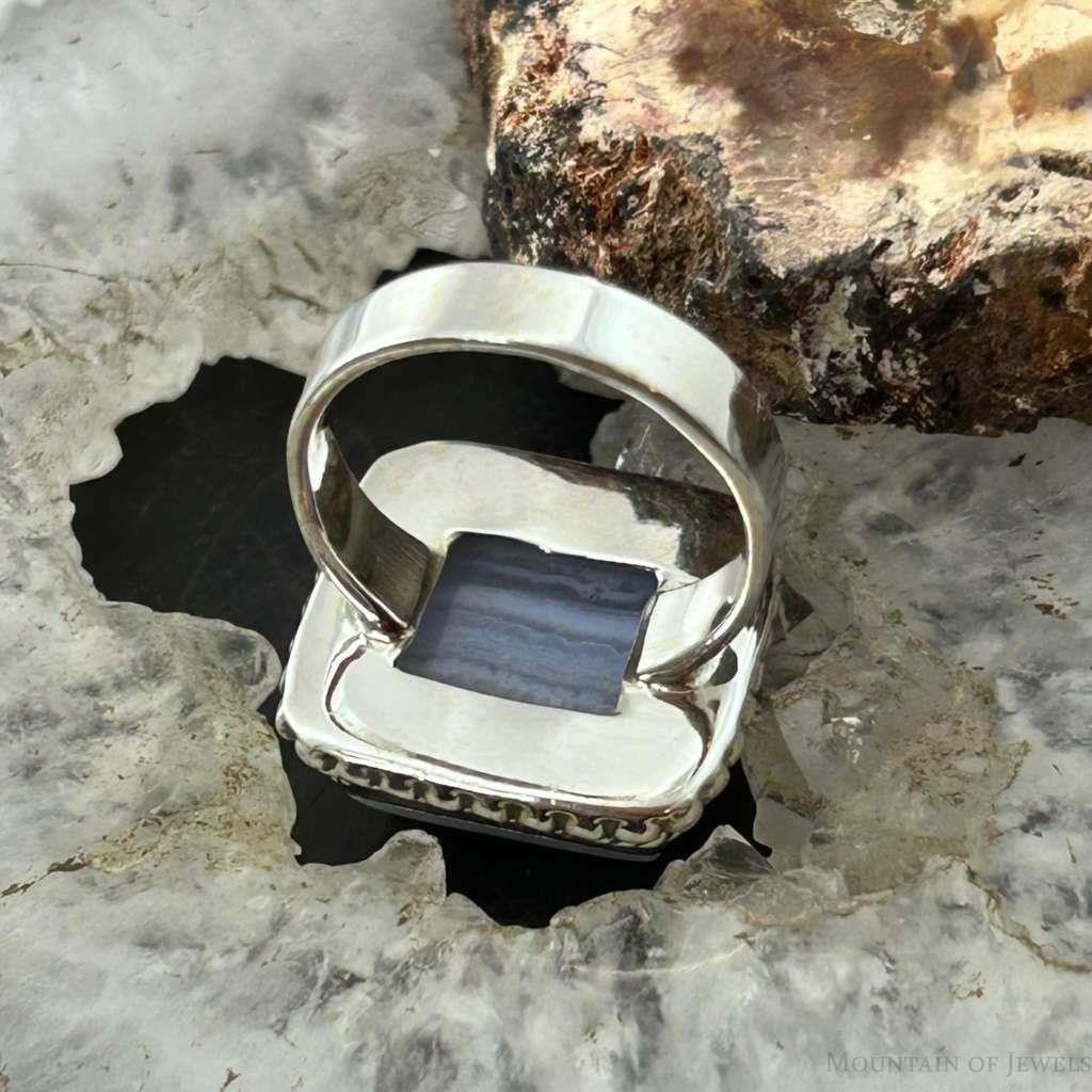 Sterling Silver Southwestern Style Square Blue Lace Agate Ring Size 7 For Women