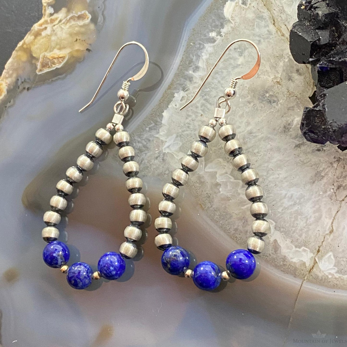 Navajo Pearl Bead & Lapis Bead Dangle Hoop Earrings For Women