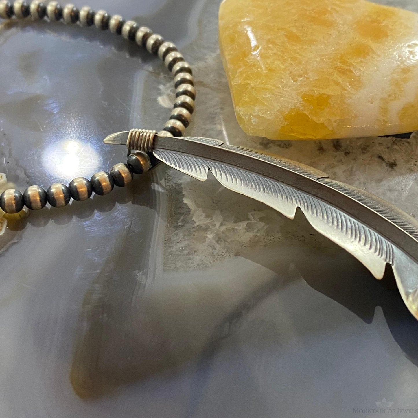Billy Long Sterling Silver Oxidized Feather w/Turquoise Unisex Pendant Necklace