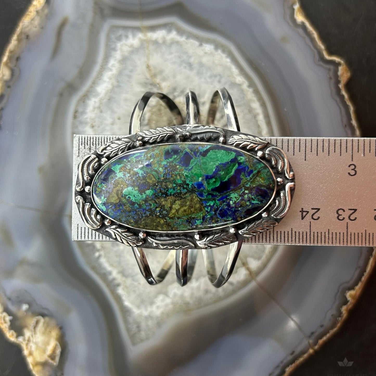 Sterling Silver Southwestern Style Large Oval Azurite Malachite Bracelet For Women