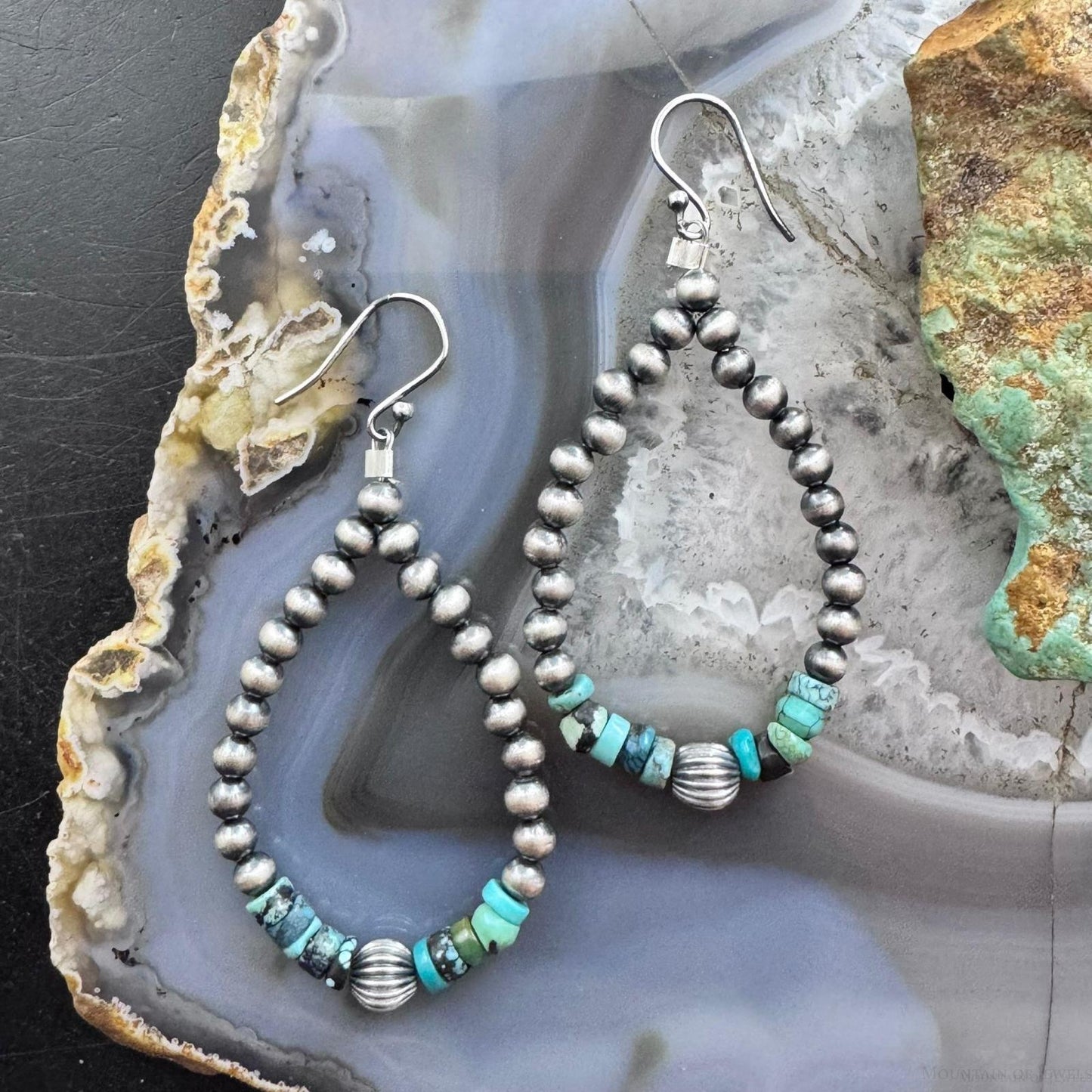 Sterling Silver Southwestern Style Navajo Pearl & Turquoise Bead Hoop Earrings For Women