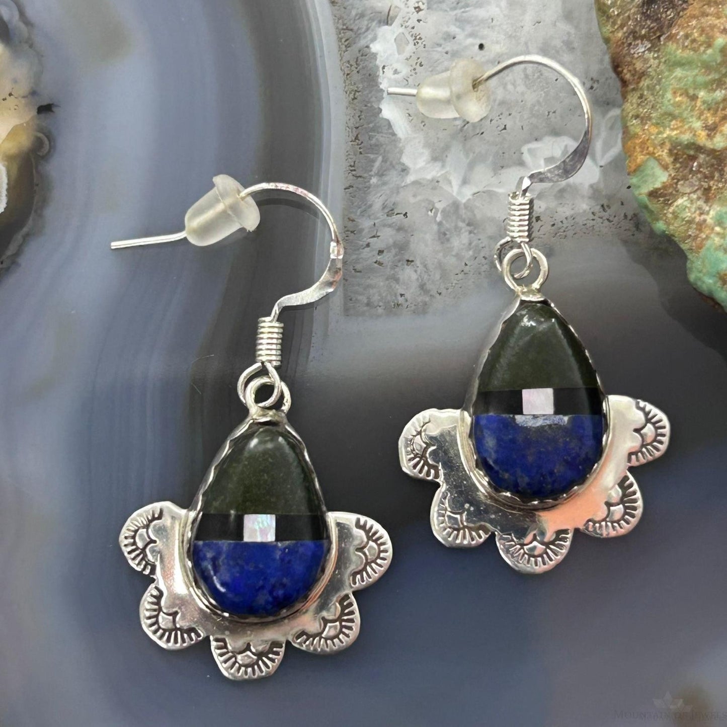 Clifton Aguilar Sterling Silver Teardrop Multistone Inlay Dangle Earrings For Women #1